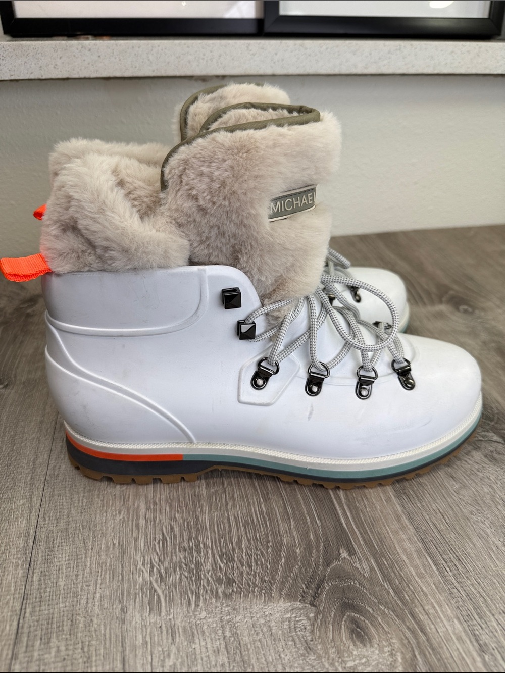 Michael Kors White Faux-Fur Hiking Boots with Orange Accent